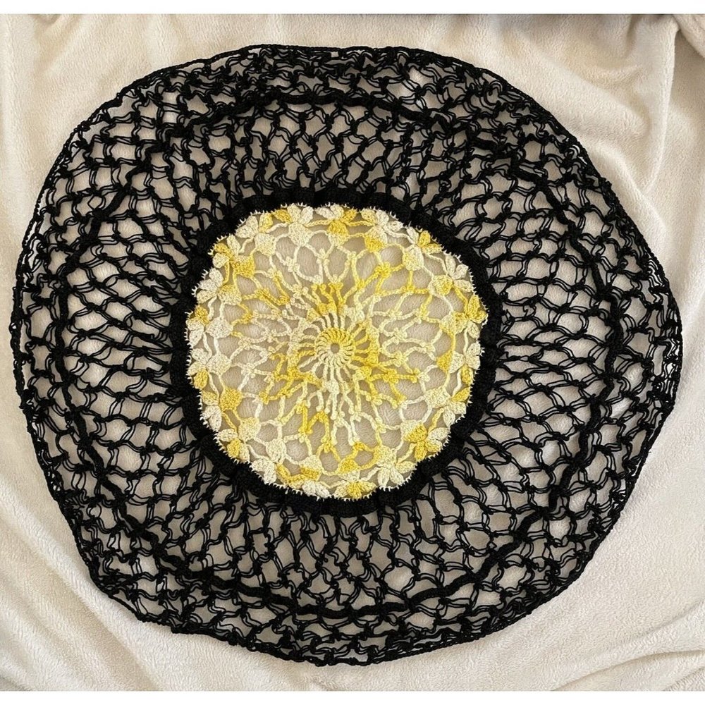 Vintage Hand Crocheted Doily Black Yellow white linens Cotton Centerpiece Décor